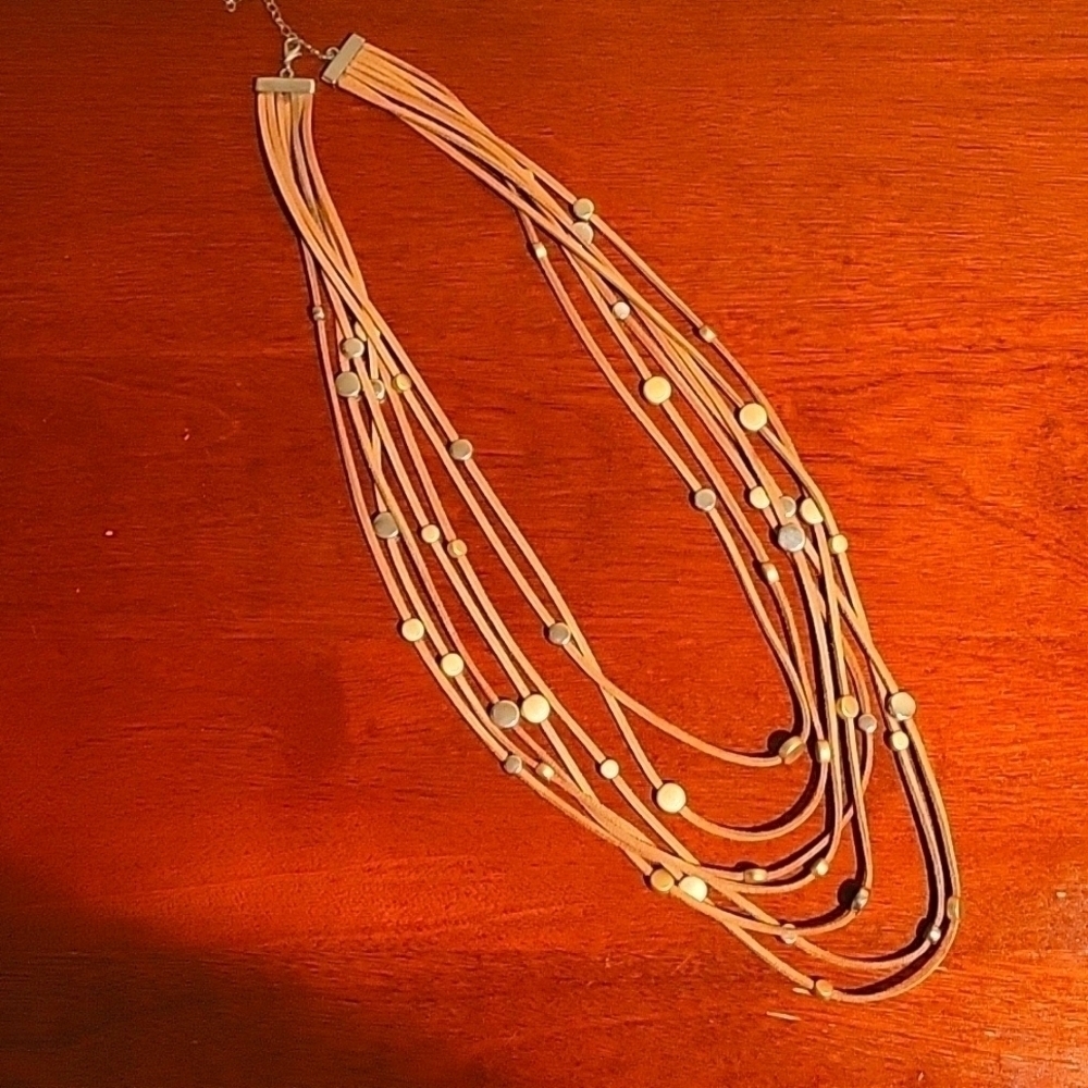 FASHION NECKLACE, FAUX SUEDE WITH VARIOUS METAL BEADS, ADJUSTABLE LENGTH
